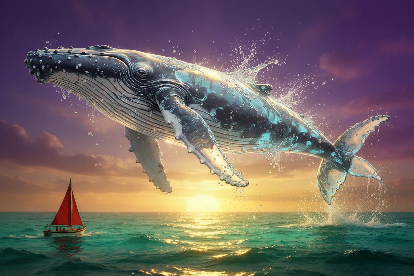 金色の光を透かす巨大な水のクジラと赤い帆船を描いたFLUXの生成例