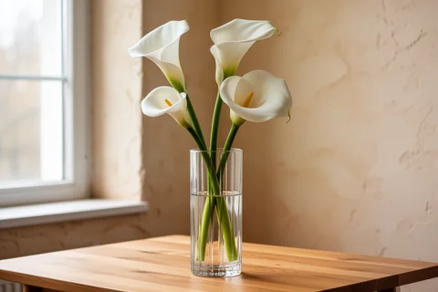 FLUX画像生成に使う参考画像：窓辺の透明な花器に生けた白いカラー