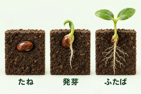 GPT Imageで種から芽への変化と土の中の根を立体的に示した成長図解