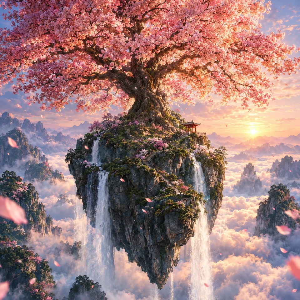 GPT Imageで生成した雲海に浮かぶ桜の巨木と滝の幻想風景