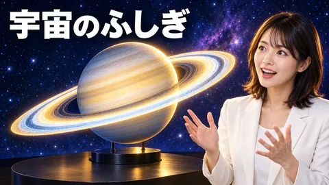 GPT Imageで生成した輝く土星模型と人物を組み合わせた動画サムネイル