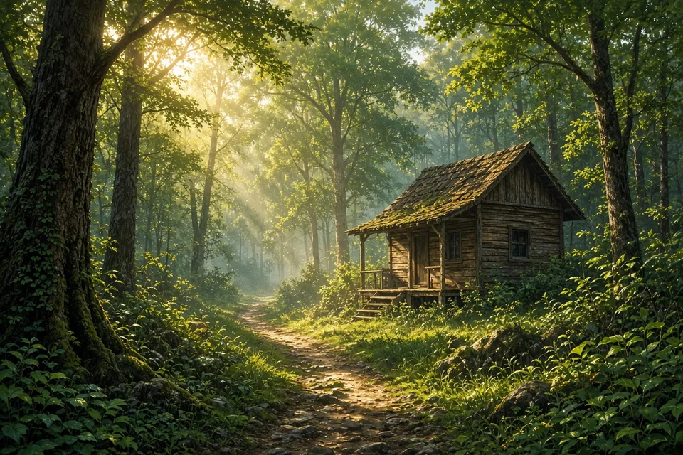 Grok画像生成の作例：夏の木漏れ日と緑の森に囲まれた木造の小屋
