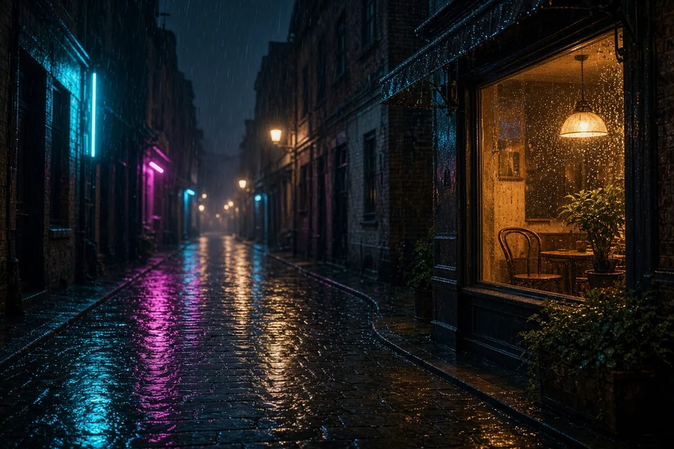 Grok Imagineで生成した、雨の街角と濡れた路面に映るネオン