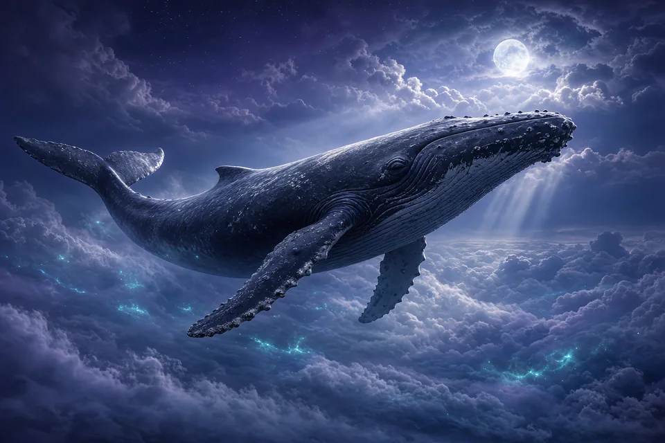 Grok画像生成の作例：月明かりの雲海を泳ぐ巨大なクジラ
