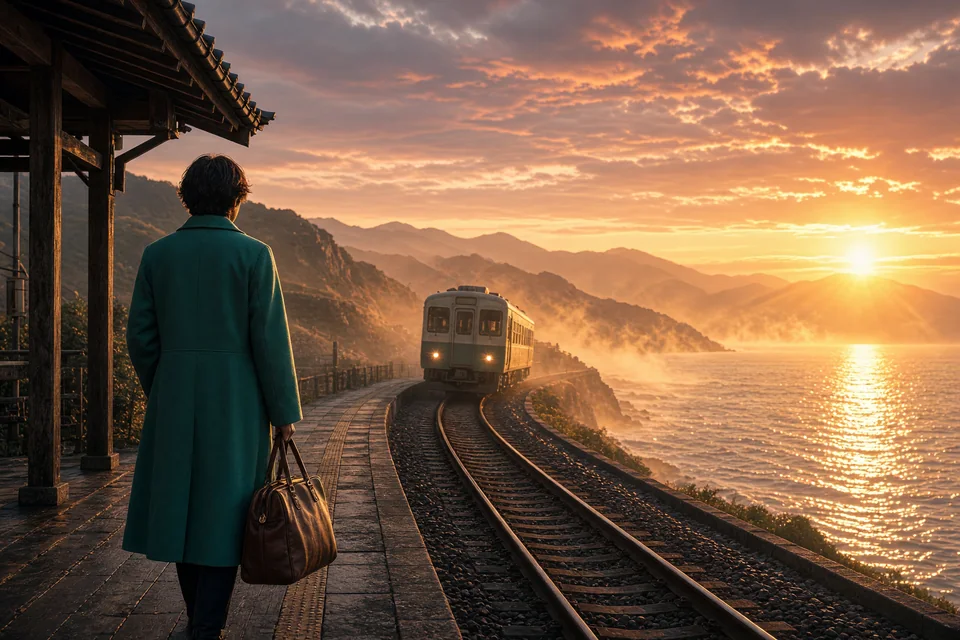 Grok画像生成の作例：夕暮れの海辺の駅で旅立つ人物と近づく列車