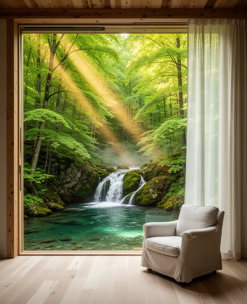 AI画像生成による初夏の投稿画像：光が差す森と清流を望む部屋