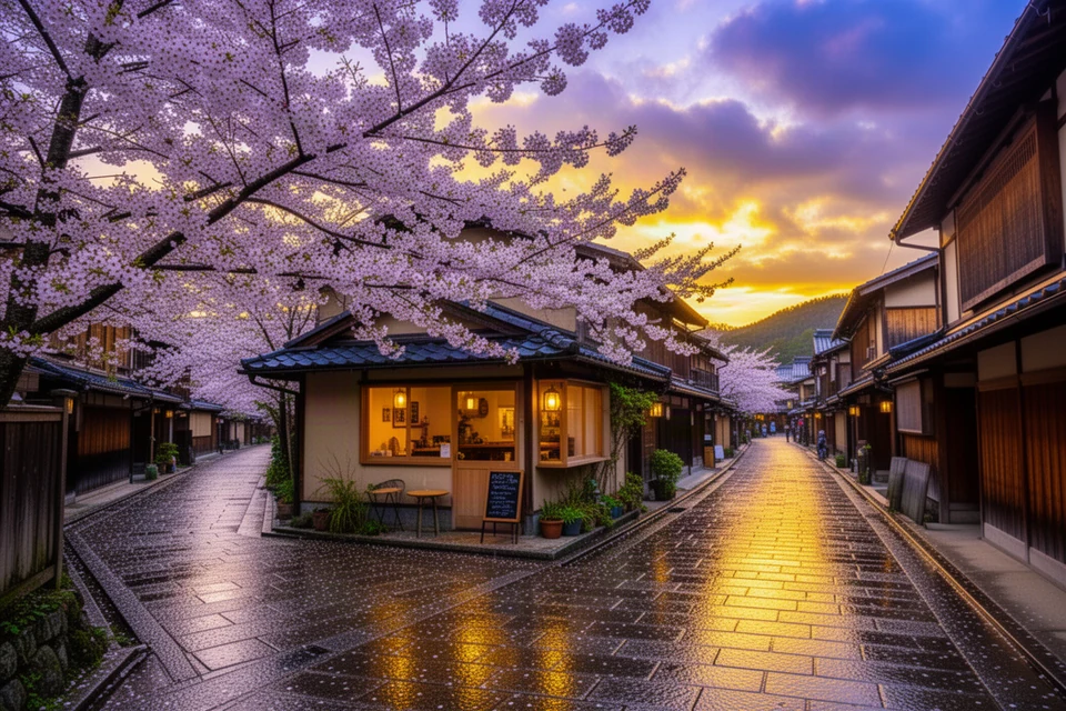 FLUX.2 FlashのAI画像生成例：桜に囲まれた角のカフェと金色に光る石畳