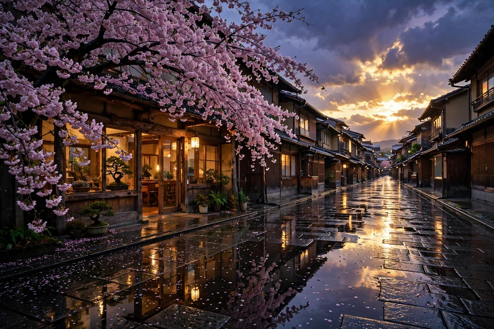 Muse ImageのAI画像生成例：大きな桜の枝と夕日を映す京都の路地