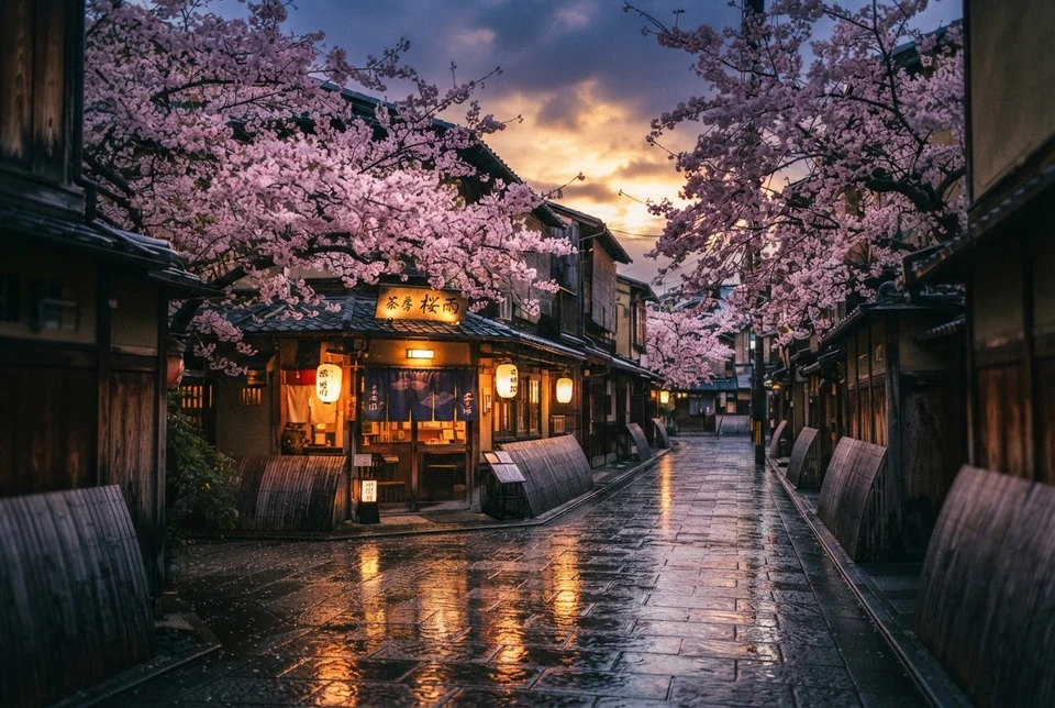 Nano Banana 2 LiteのAI画像生成例：青紫の夕空と灯籠が照らす桜の店先