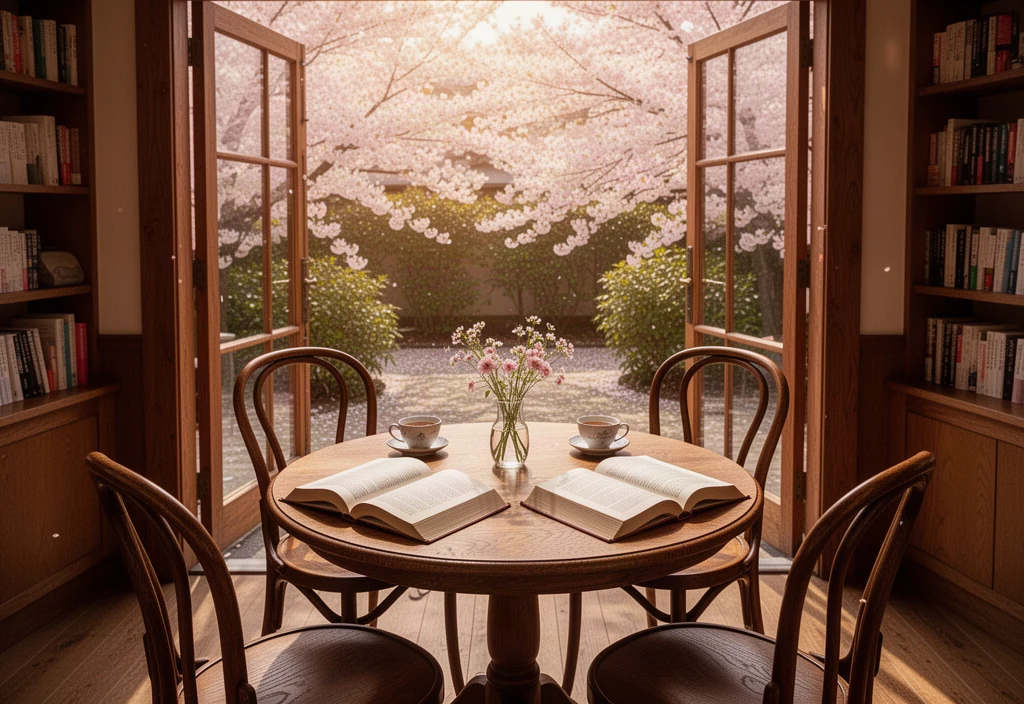 AI画像生成による読書会の告知画像：桜の庭を望むカフェの本と円卓