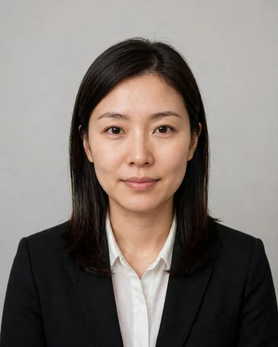 同一人物を黒のスーツと薄いグレー背景に整えたAI証明写真の作成例