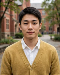 就活用AI証明写真の元になるキャンパスで撮影したカーディガン姿の人物写真
