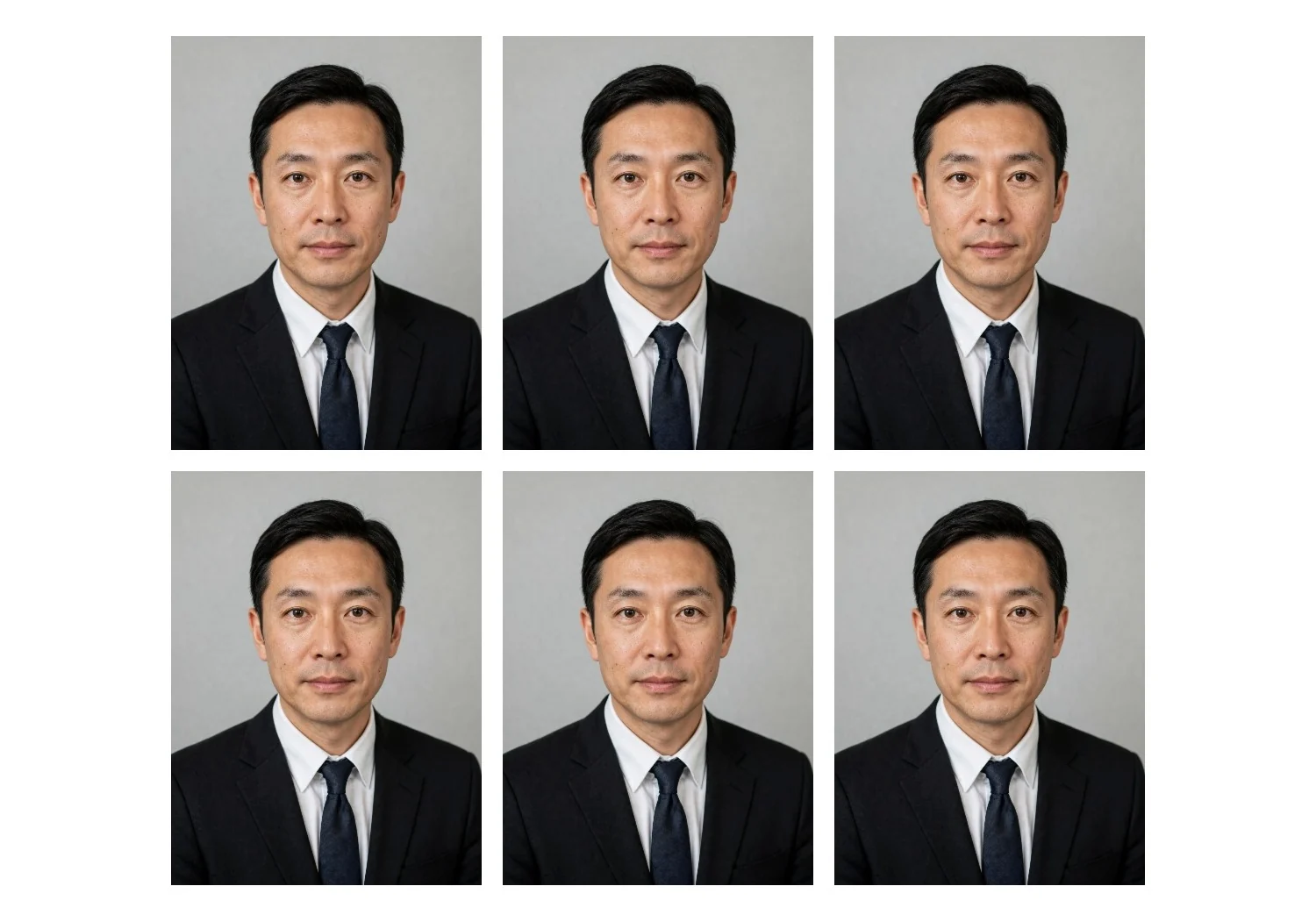 同じ人物を黒のスーツと薄いグレー背景に整え、履歴書用AI証明写真を6枚配置したL判プリント