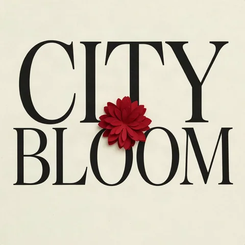 Ideogram画像生成の作例：黒いセリフ体のCITY BLOOMと赤い花を組み合わせたミニマルな作品