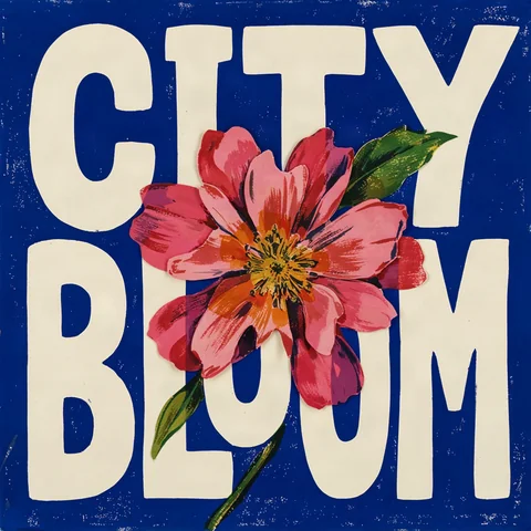 Ideogram画像生成の作例：CITY BLOOMと花を描いた大胆な配色のスクリーンプリント風グラフィック
