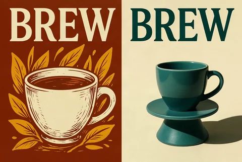 Ideogram画像生成の作例：BREWをレトロな版画風とモダンな商品写真風で描き分けた比較案
