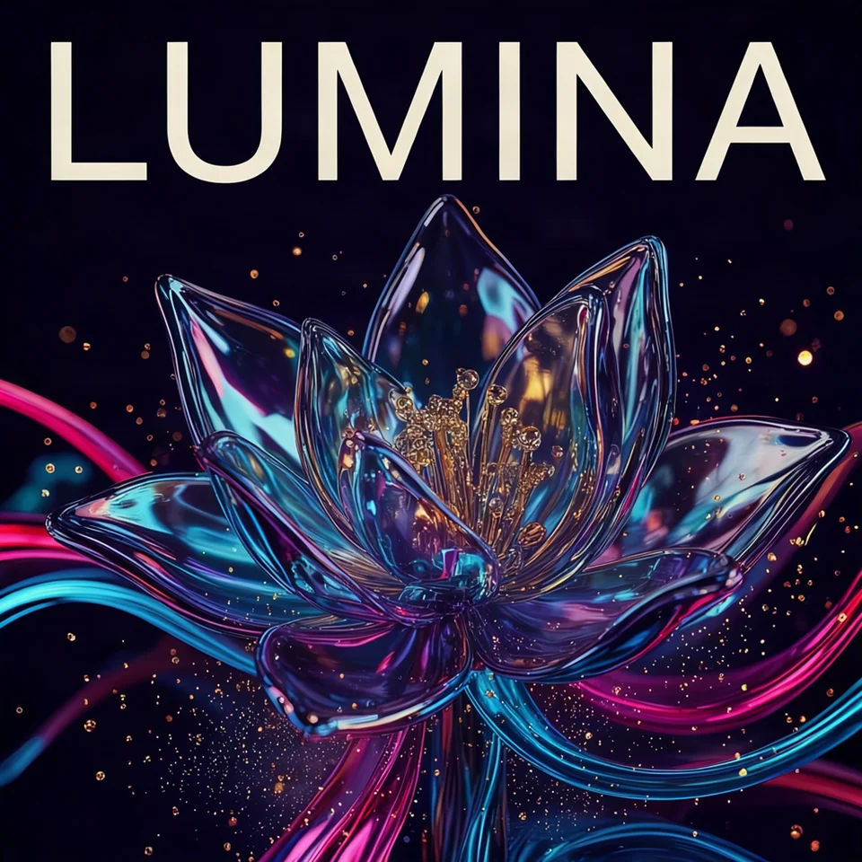 Ideogram画像生成の作例：光のリボンとガラスの花を描いたLUMINAのタイポグラフィ作品