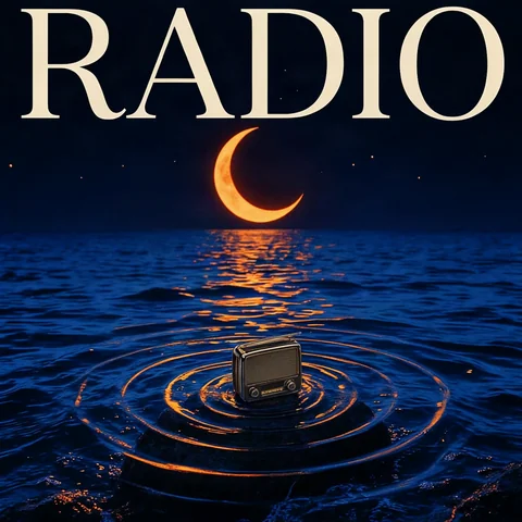 Ideogram画像生成の作例：三日月と青い海、ラジオを組み合わせたRADIOの音楽番組カバー