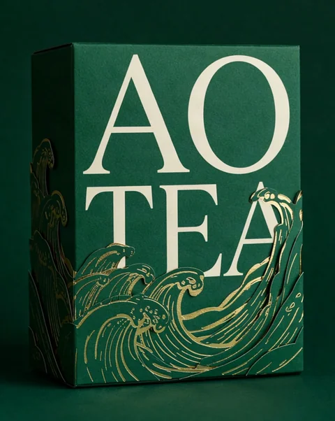 Ideogram画像生成の作例：大きなAO TEAの文字と金箔の波模様を施した深緑の茶箱