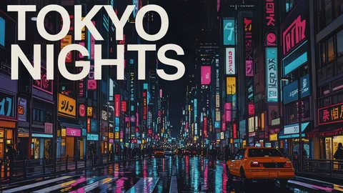 Ideogram画像生成の作例：ネオンの街並みとタクシーにTOKYO NIGHTSの文字を重ねた表紙