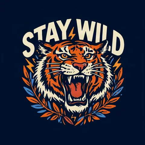 Ideogram画像生成の作例：STAY WILDの文字と虎を組み合わせたスクリーンプリント風のグッズ図案