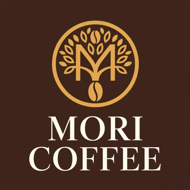 AIロゴ生成例：MORI COFFEE、木と豆を組み合わせた金色の円形マークと二段の文字