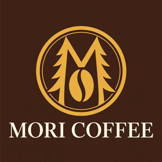 AIロゴ生成例：MORI COFFEE、二重の円に針葉樹とコーヒー豆を配置したロゴ