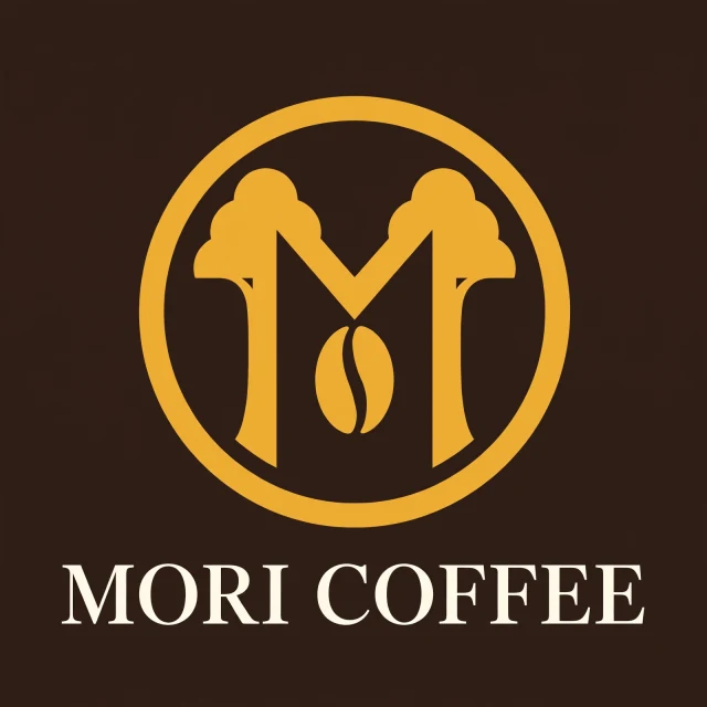 AIロゴ作成例：MORI COFFEE、二本の木とMとコーヒー豆を組み合わせた円形ロゴ