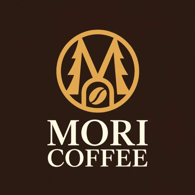 AIロゴ作成例：MORI COFFEE、円の中に針葉樹と豆を配したマークと二段の文字