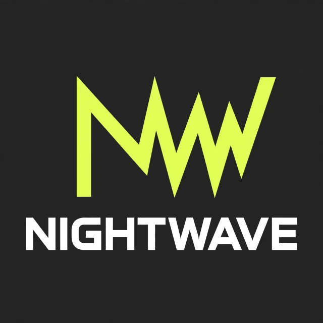 AIロゴ生成例：NIGHTWAVE、黒い背景にライム色の波形と白い文字を配置したバンドロゴ