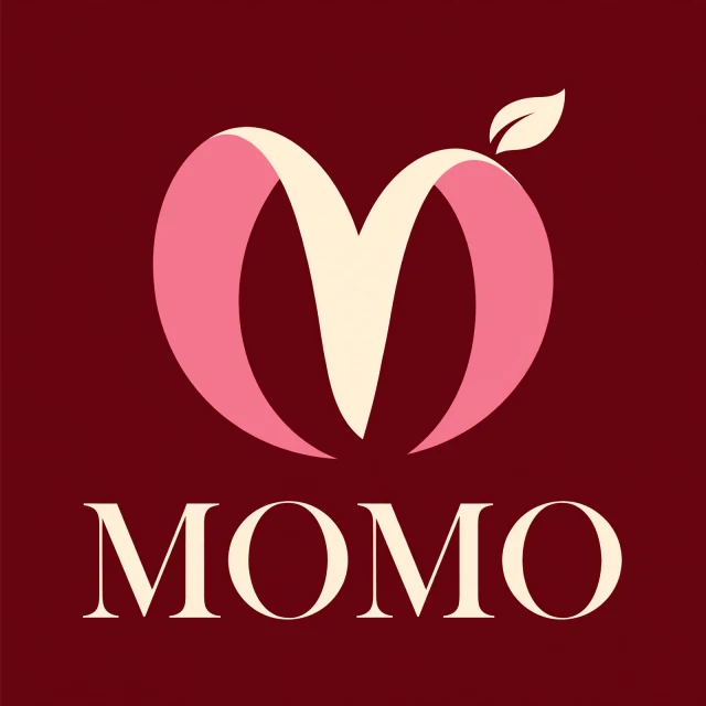 AIロゴ作成例：MOMO、ワインレッドの背景にMをかたどった桃のブランドロゴ