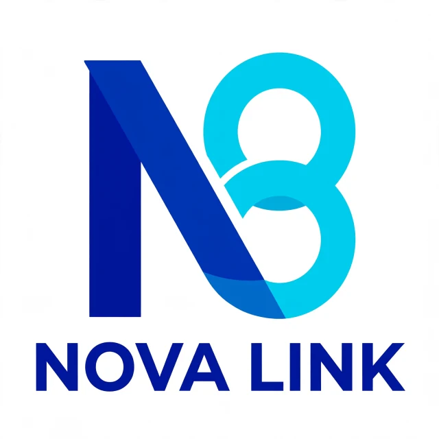 AIロゴ生成例：NOVA LINK、青とシアンのリボンでNと輪をつないだサービスロゴ