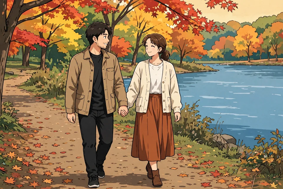 写真イラスト化：秋の公園を歩く二人の写真をアニメ風イラストに変換した例