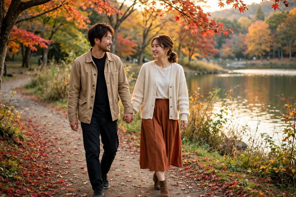 写真イラスト化の元写真：秋の公園を歩く二人