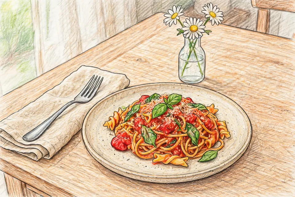 写真イラスト化：自宅のテーブルに並べたパスタ料理の写真を色鉛筆イラストに変換した例