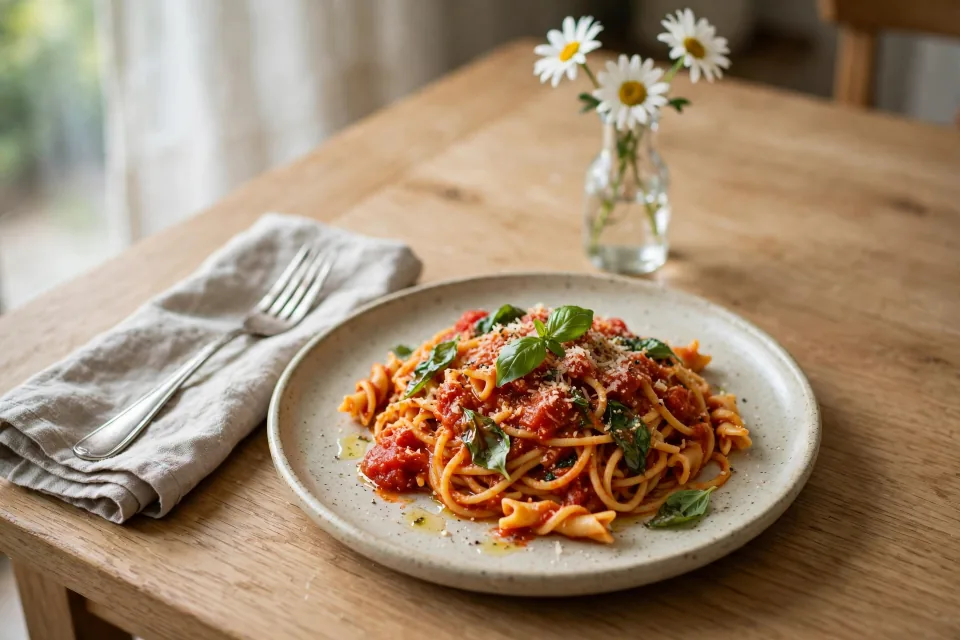 写真イラスト化の元写真：自宅のテーブルに並べたパスタ料理