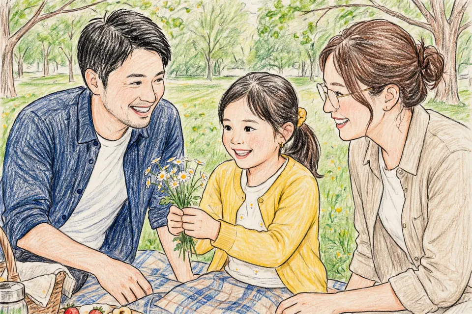 写真イラスト化：公園でピクニックを楽しむ両親と子どもの写真を色鉛筆イラストに変換した例