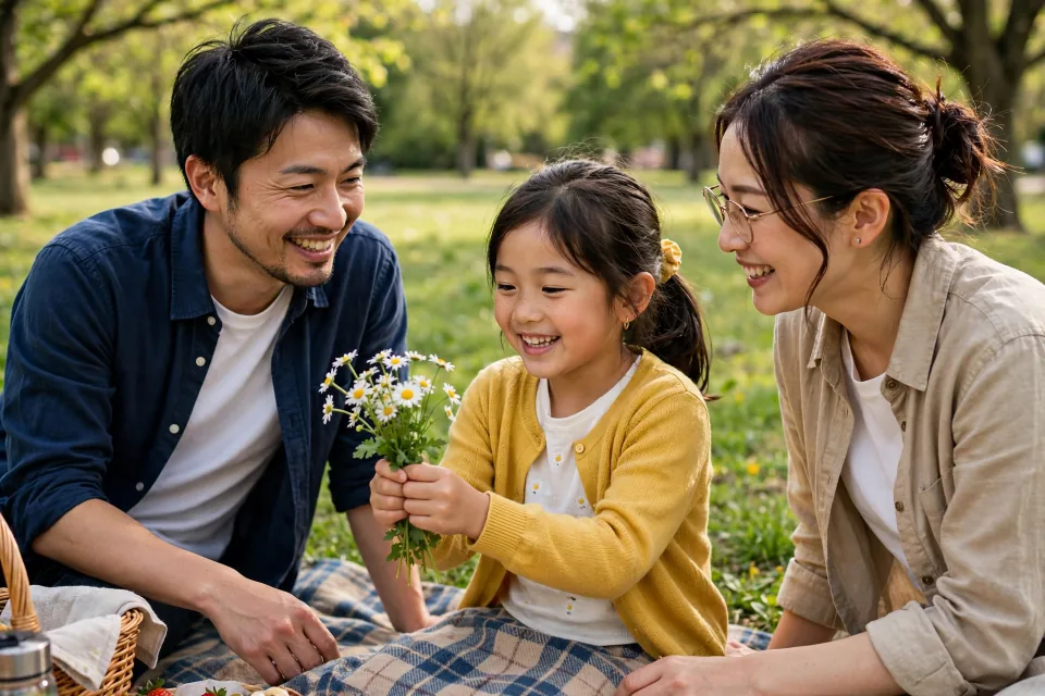 写真イラスト化の元写真：公園でピクニックを楽しむ両親と子ども