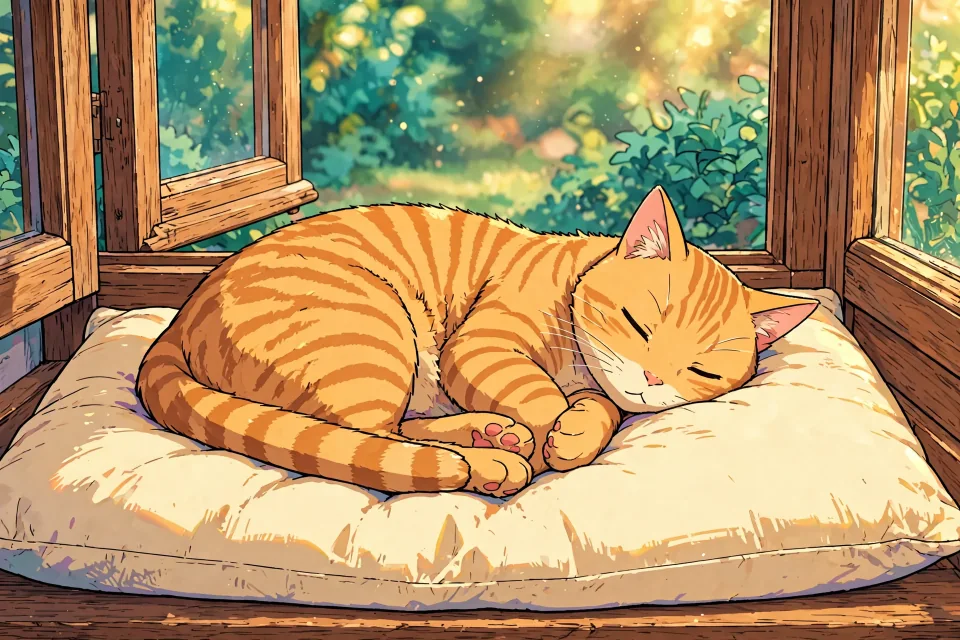 写真イラスト化：窓辺で眠る茶トラ猫の写真をアニメ風イラストに変換した例