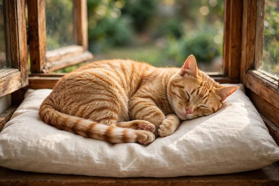 写真イラスト化の元写真：窓辺で眠る茶トラ猫