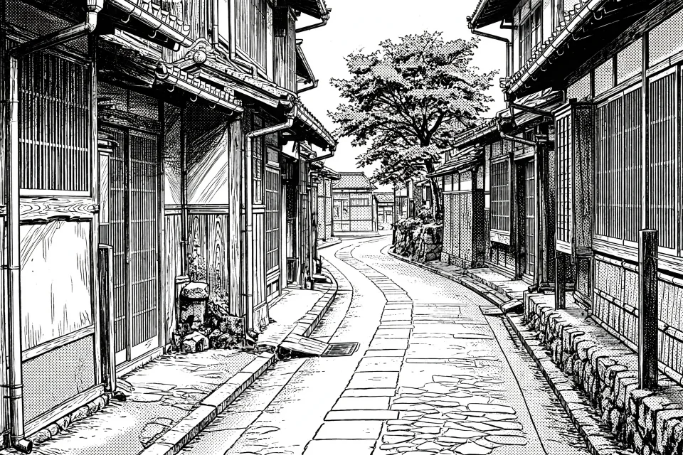 写真イラスト化：京都を思わせる古い街並みの写真を漫画風イラストに変換した例