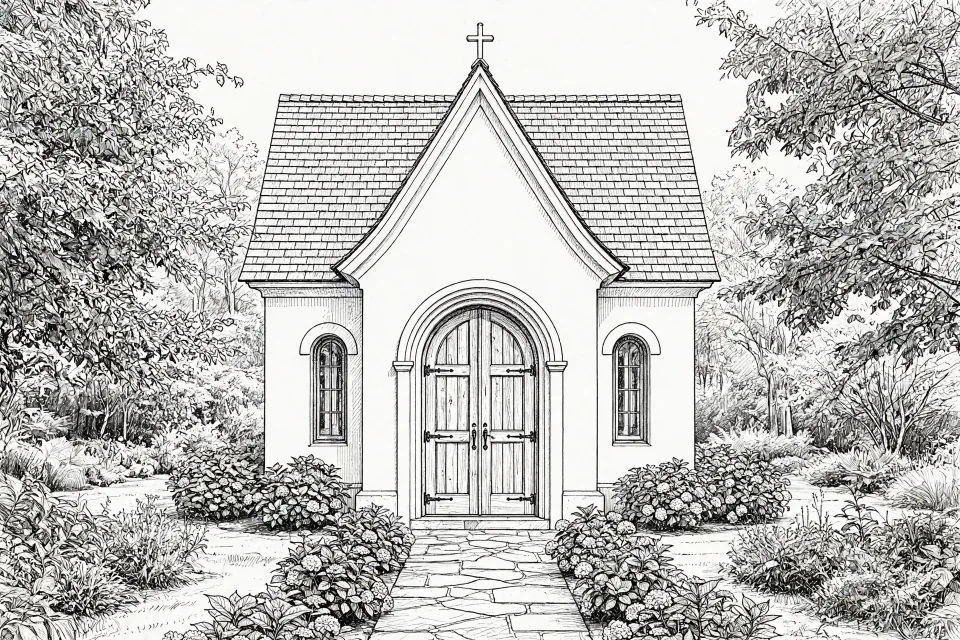 写真イラスト化：庭園にある結婚式場の礼拝堂の写真を線画イラストに変換した例