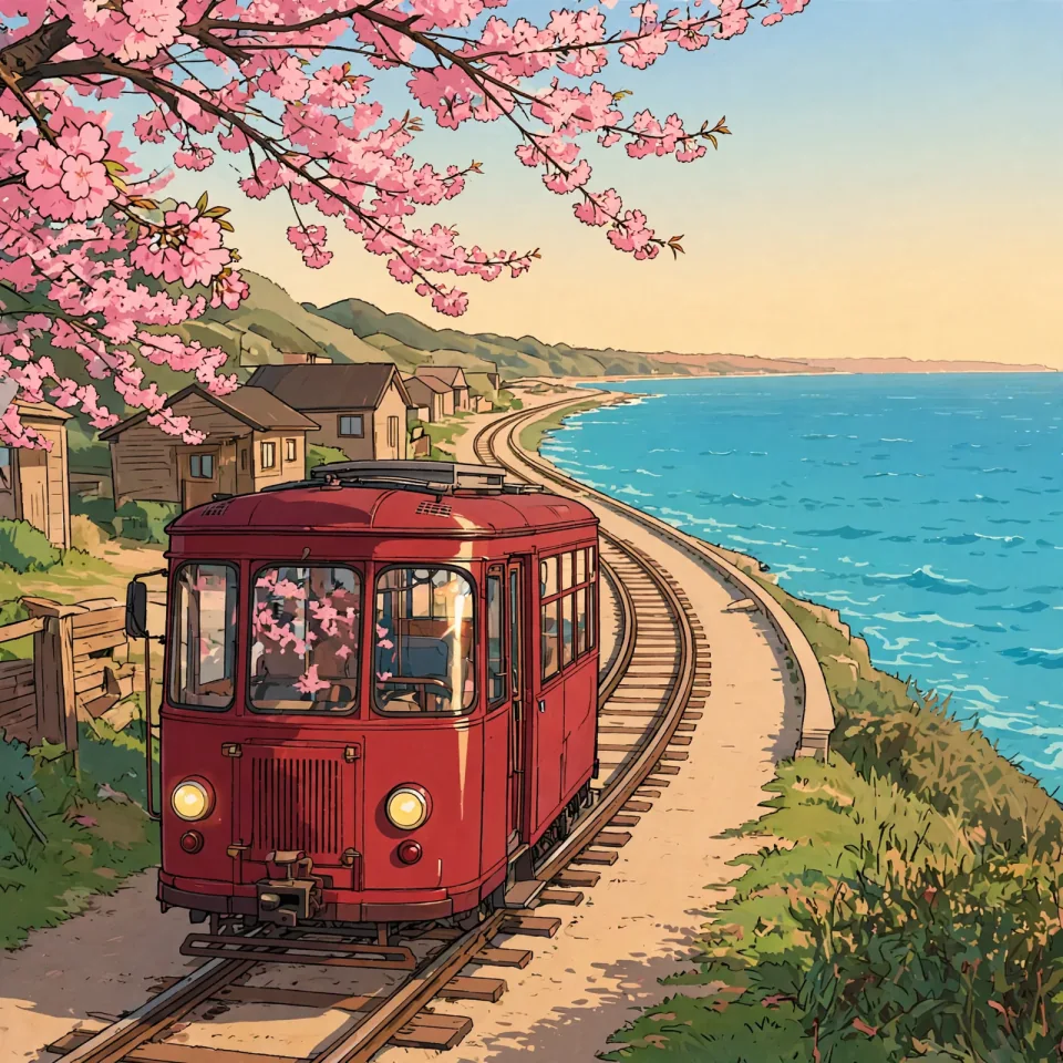 写真イラスト化：桜と海辺の赤い電車の写真をアニメ風にイラスト化した例