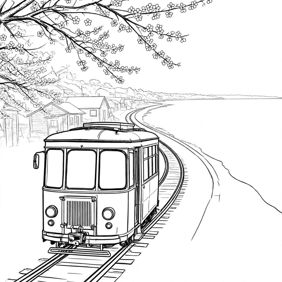 写真イラスト化：桜と海辺の赤い電車の写真を線画イラストに変換した例