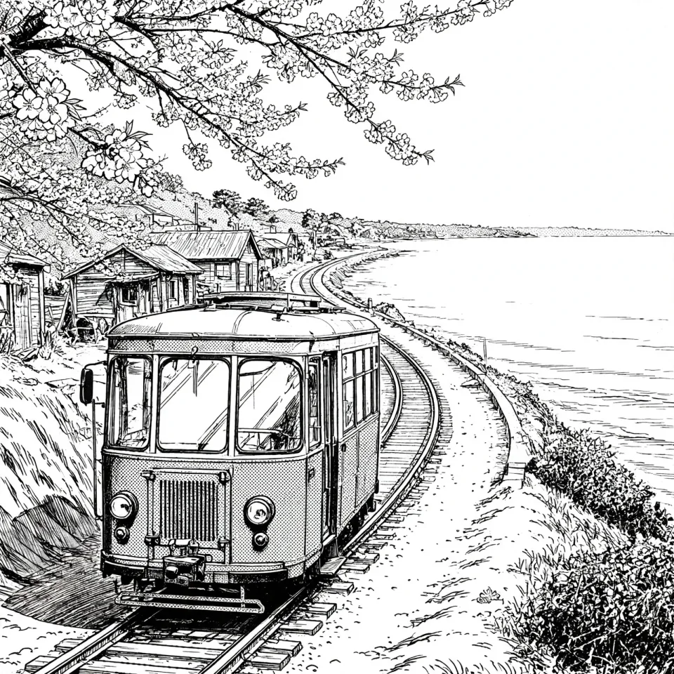 写真イラスト化：桜と海辺の赤い電車の写真を漫画風にイラスト化した例