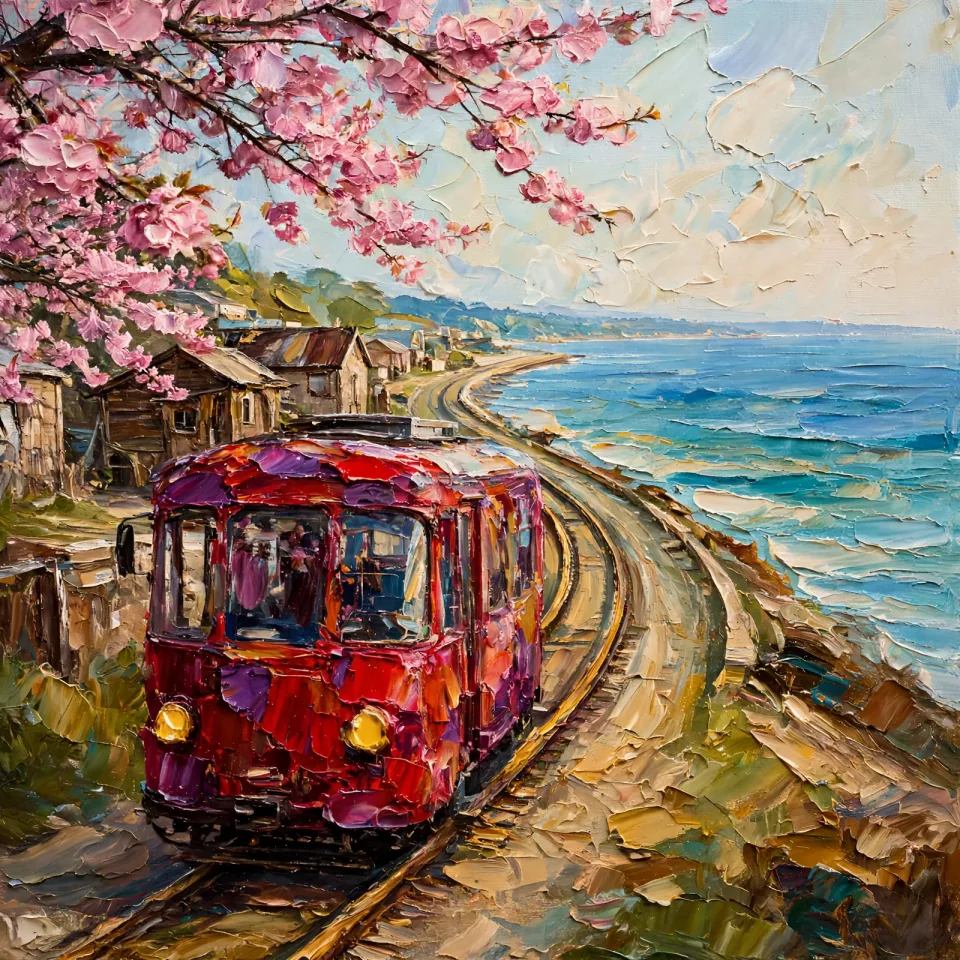 写真イラスト化：桜と海辺の赤い電車の写真を油絵風にイラスト化した例