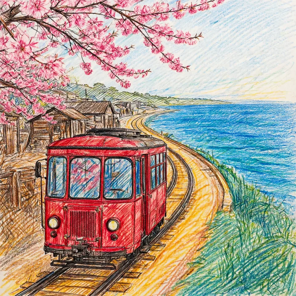写真イラスト化：桜と海辺の赤い電車の写真を色鉛筆風にイラスト化した例