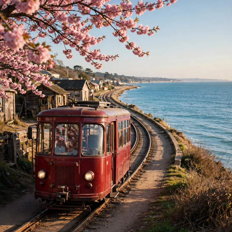 写真イラスト化の画風比較に使った桜と海辺の赤い電車の元写真