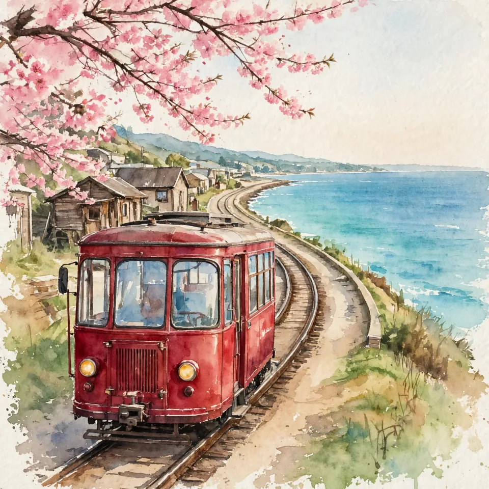 写真イラスト化：桜と海辺の赤い電車の写真を水彩イラストに変換した例