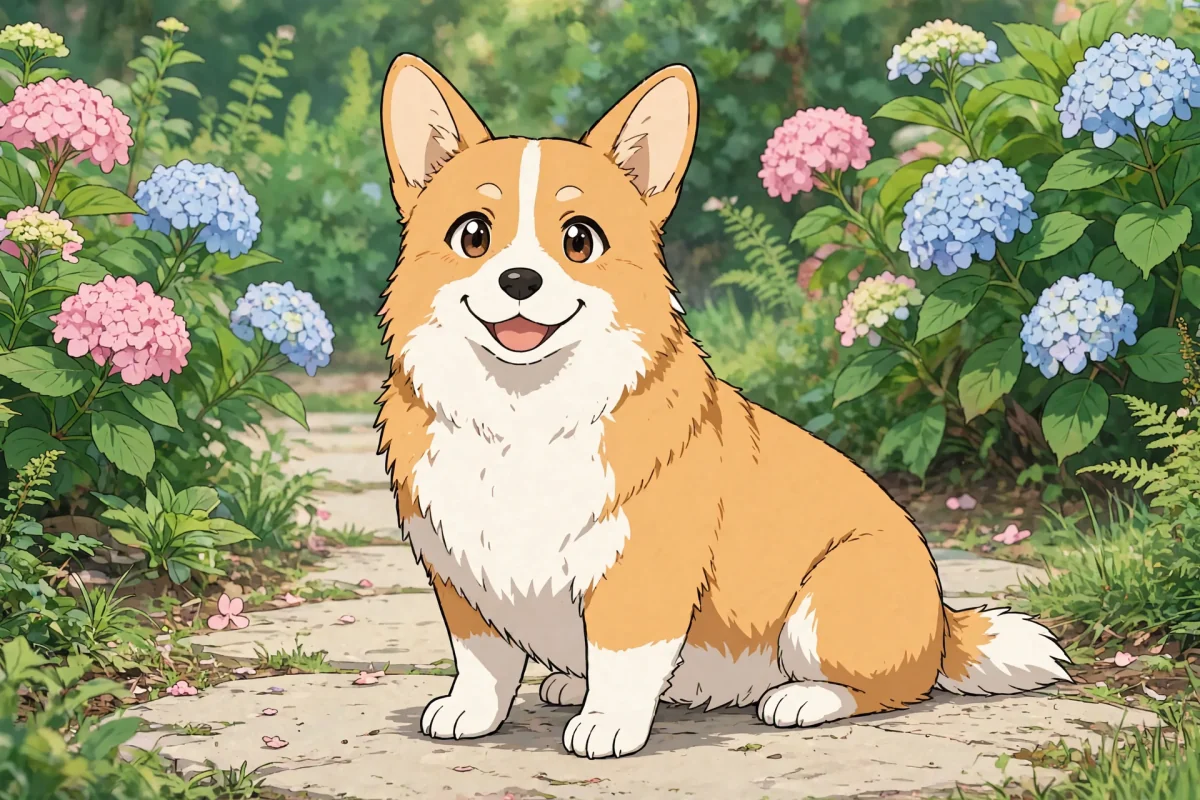 写真イラスト化：庭園のコーギー犬の写真をアニメ風イラストに変換した例
